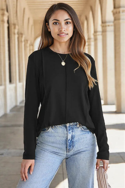 Black Solid Exposed Seam Crew Neck Long Sleeve Top