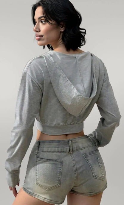 Cropped V-Neck Long Sleeves Hoodie