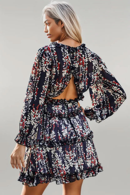 Blue Ruffle Detailing Open Back Floral Dress