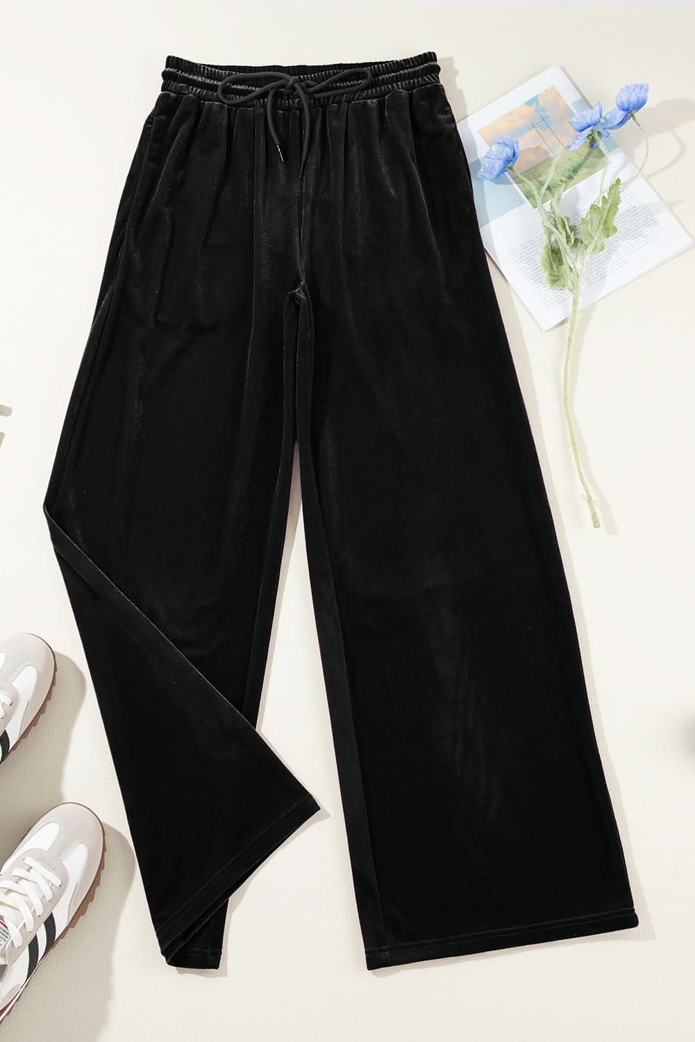 Black Solid Drawstring Waist Wide Leg Pants Black 95%Polyester+5%Elastane