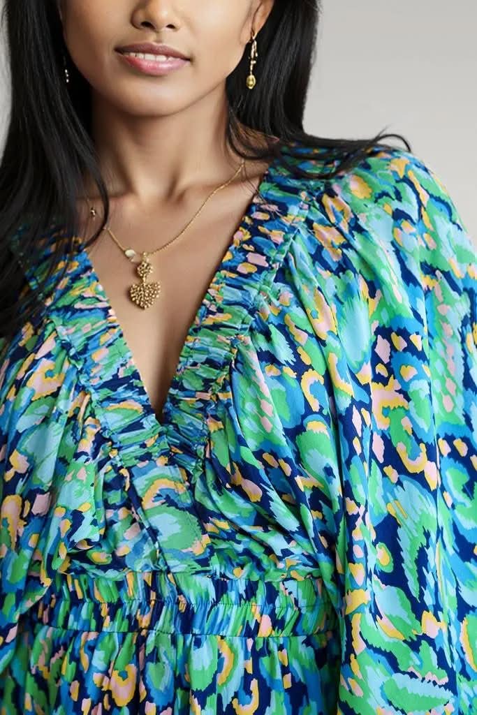 Pink Abstract Print Puff Sleeve V Neck High Waist Romper Green 100%Polyester