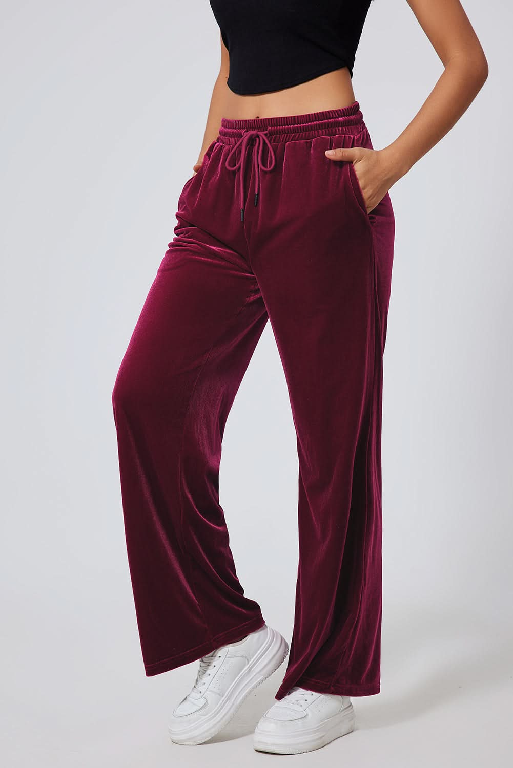 Black Solid Drawstring Waist Wide Leg Pants Burgundy 95%Polyester+5%Elastane