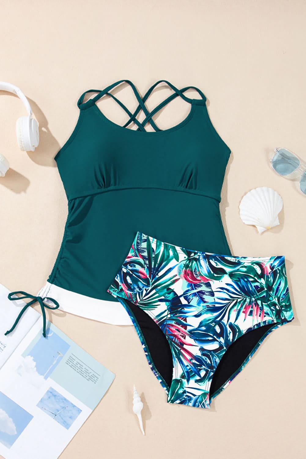 Mineral Red Drawstring Tummy Control Mix-and-match 2pcs Tankini Swimsuit Sea Green 82%Polyamide+18%Elastane