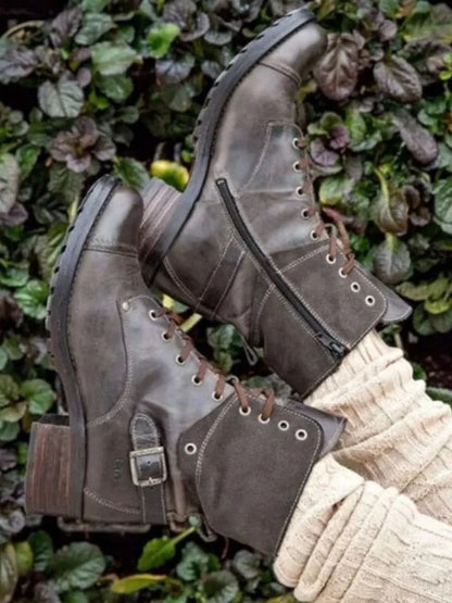 Lace-Up Block Heel Boots Chocolate