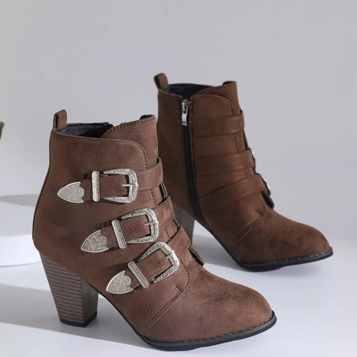 Point Toe Block Heels Boots Brown