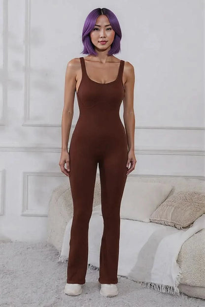 Scoop Neck Wide Strap Active Jumpsuit Brown