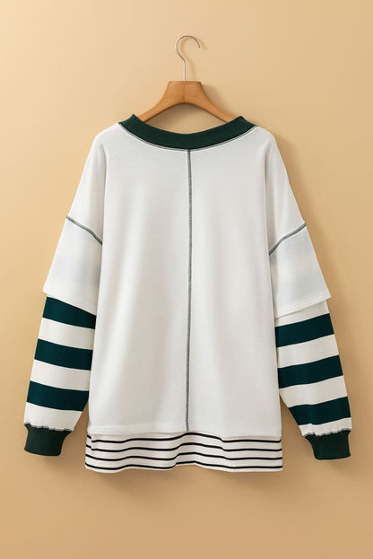 White Stripe Colorblock Sleeve Exposed Seam -2-Piece Sweatshirt