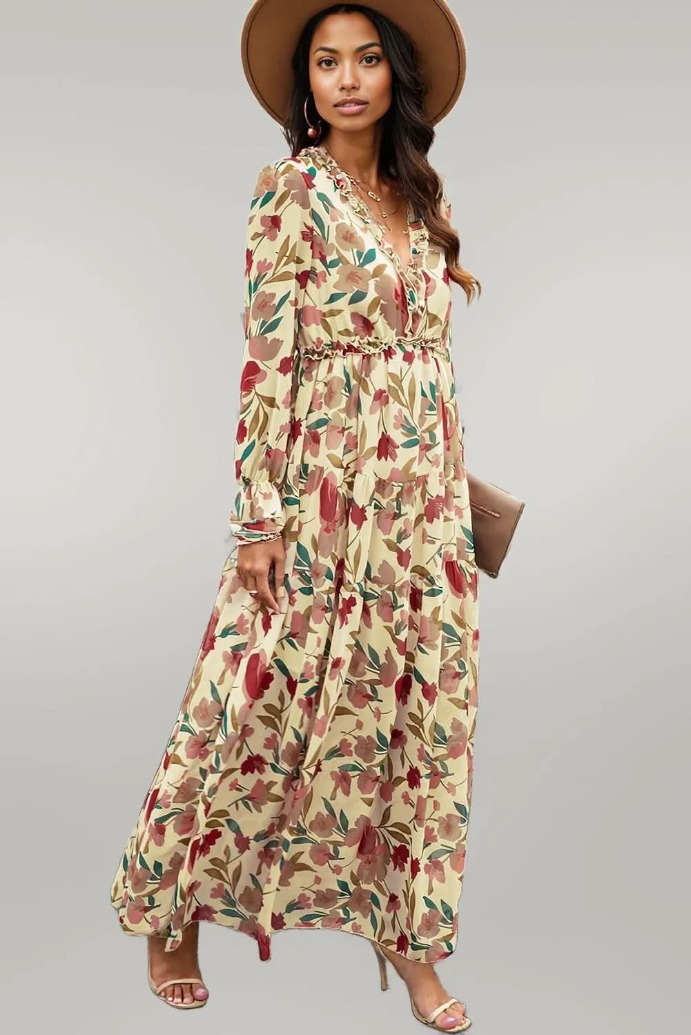 Floral Frill Trim Flounce Sleeve Plunge Maxi Dress Sand