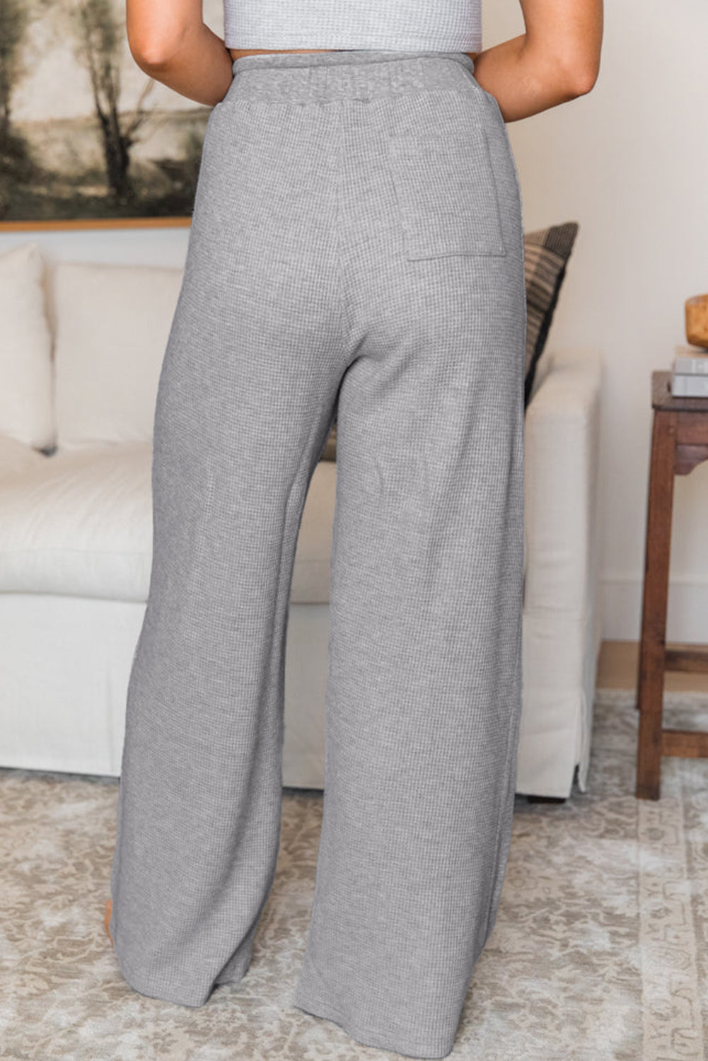 Gray Waffle Knit Drawstring High Waist Wide Leg Pants Gray 75%Polyester+25%Cotton
