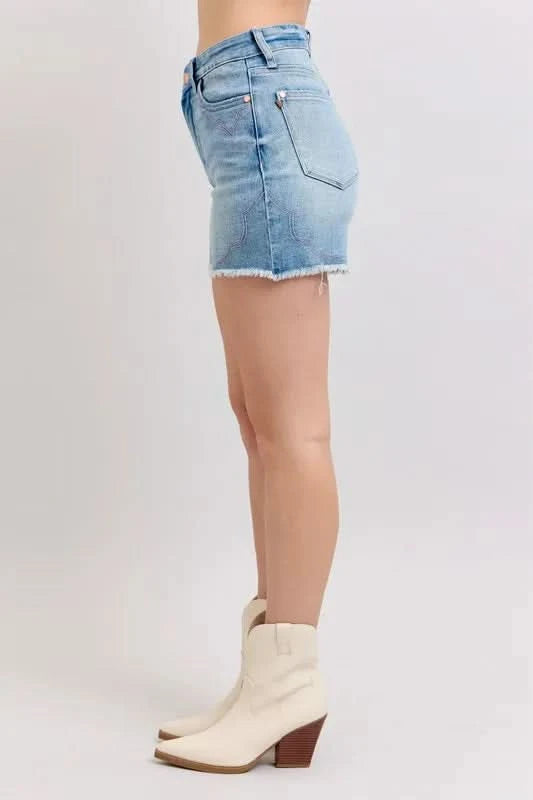 Judy Blue Full Size High Waist Western Embroidery Detail Cut Off Denim Shorts