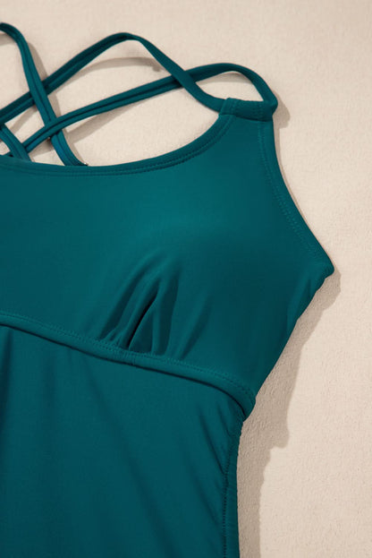 Mineral Red Drawstring Tummy Control Mix-and-match 2pcs Tankini Swimsuit Sea Green 82%Polyamide+18%Elastane