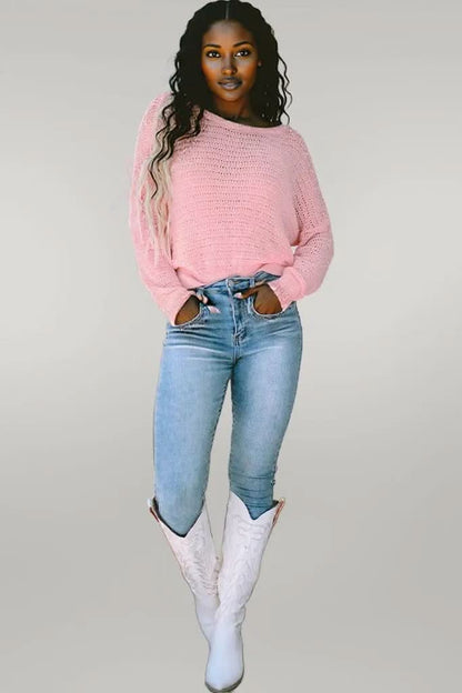 Pink Knitted Eyelets Round Neck Long Sleeve Top Pink 100%Polyester