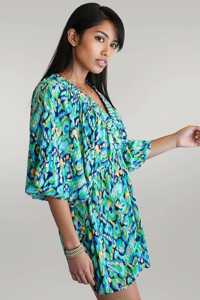 Pink Abstract Print Puff Sleeve V Neck High Waist Romper Green 100%Polyester