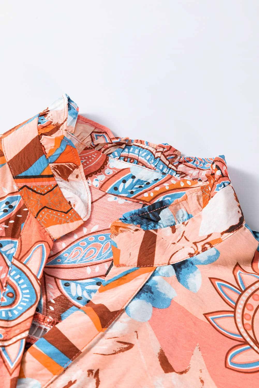 Orange Floral Print Shirred Cuff Buttoned Loose Shirt Orange 81%Viscose+19%Polyamide