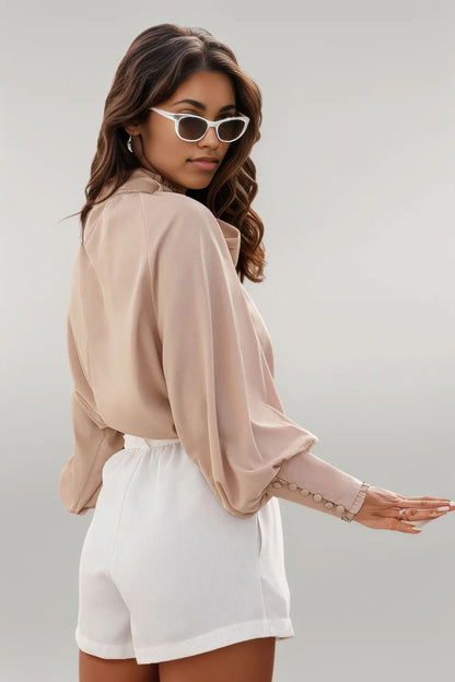 Khaki Frilled Knotted Mock Neck Bishop Sleeve Blouse Khaki 100%Polyester