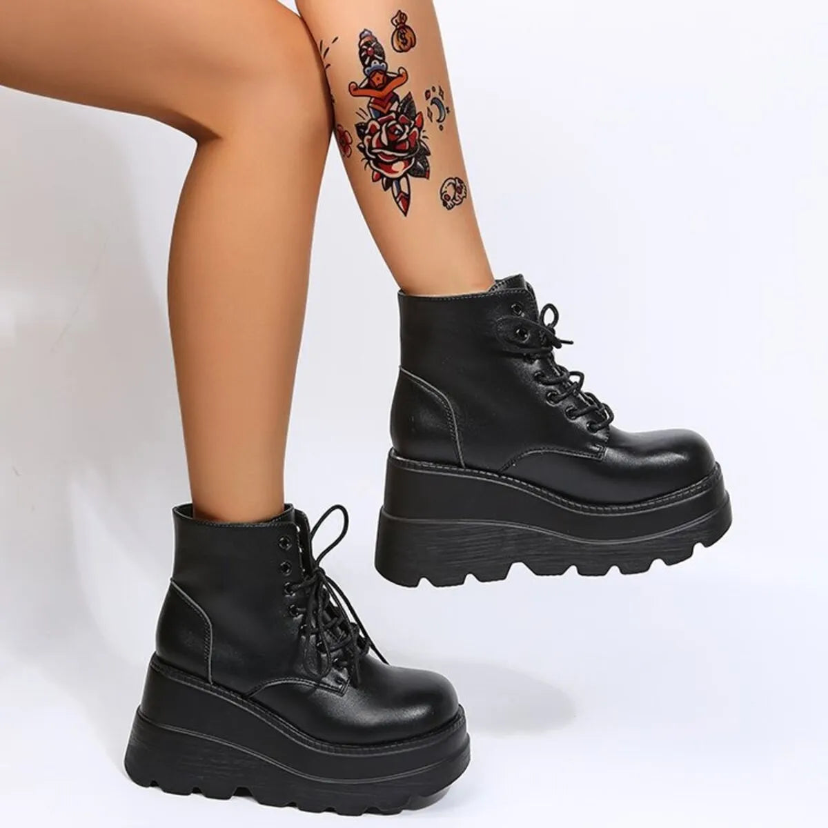 Lace Up Platform Wedge Boots Black Matte