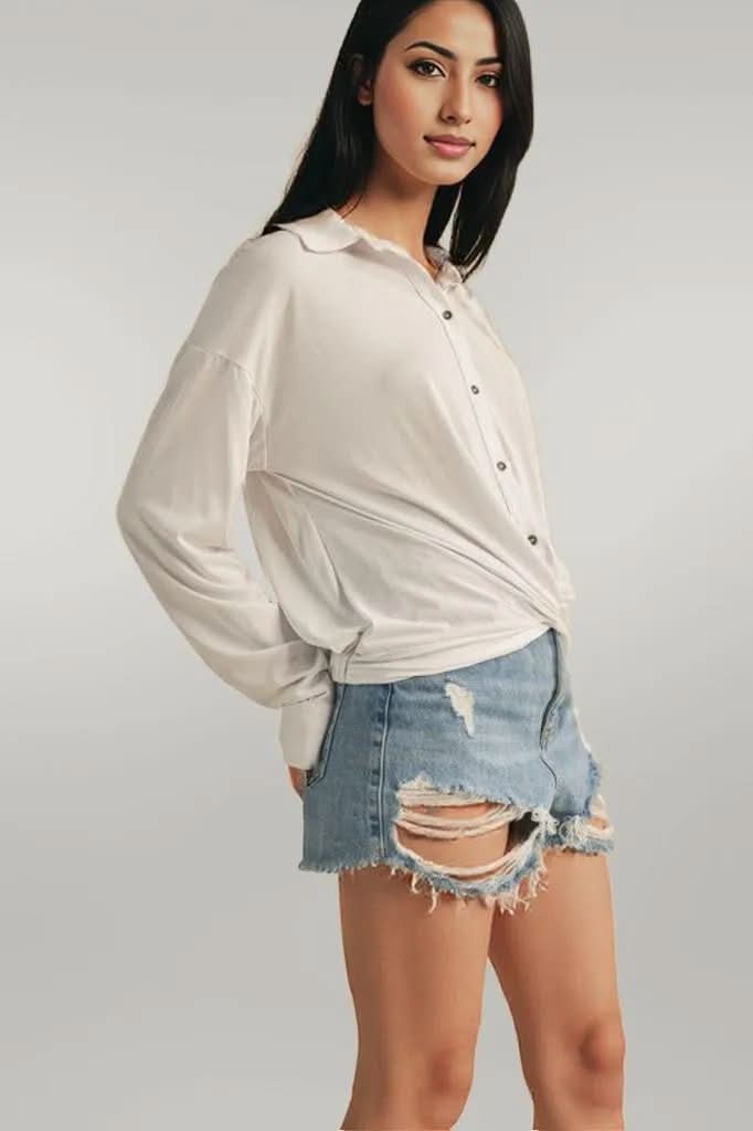 Aemi + Co Twisted Hemline Button Detail Collared Neck Top White