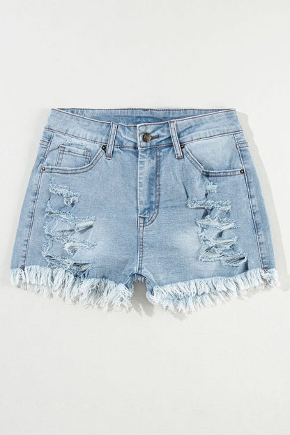 Light Blue Distressed Ripped Raw Hem High Waist Denim Shorts Light Blue 55%Cotton+42%Viscose+3%Elastane