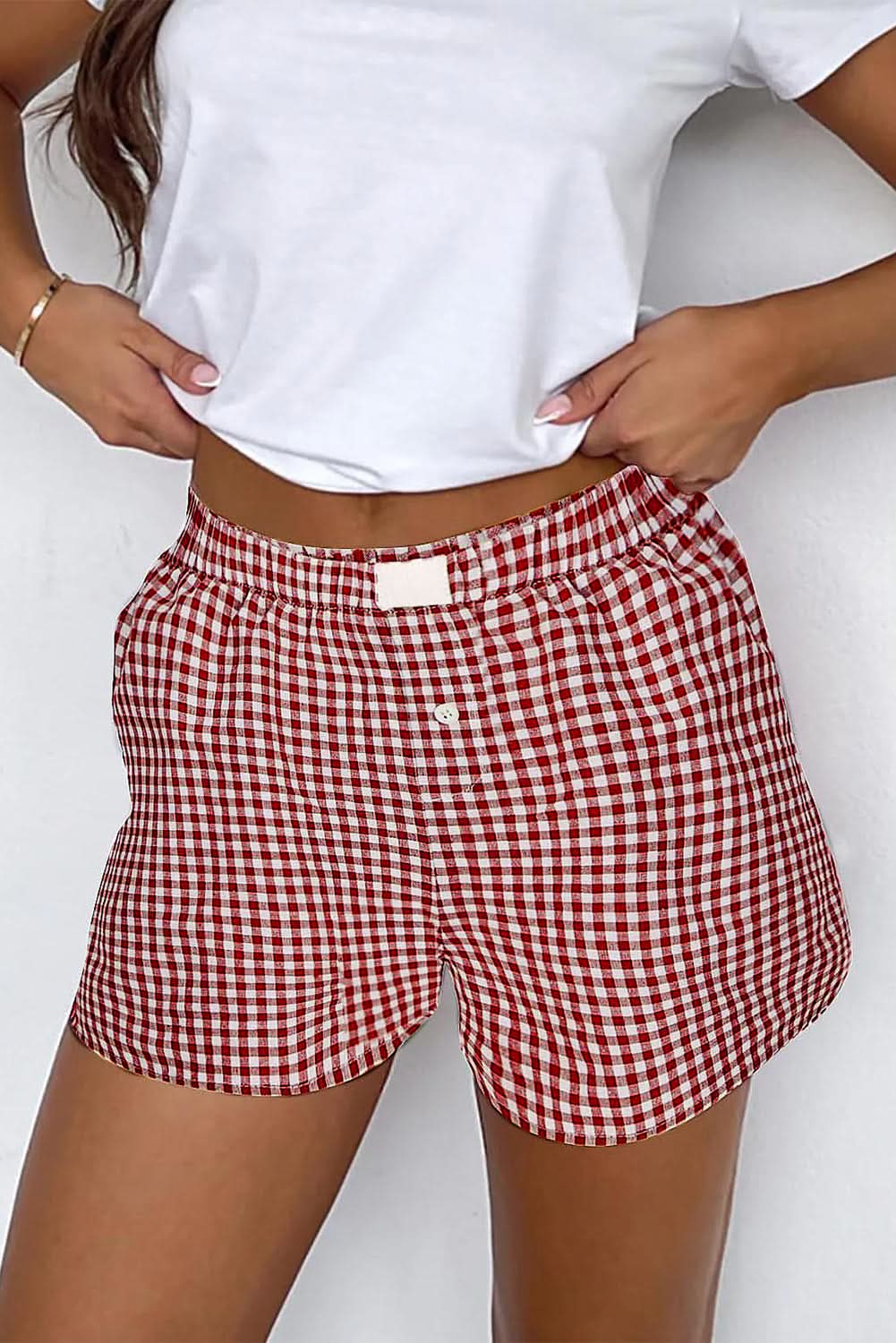 Red Plaid Gingham Printed High Waist Shorts Red Stripe 100%Polyester