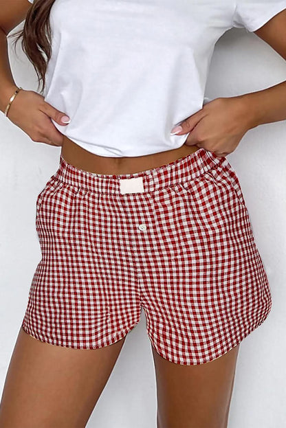 Red Plaid Gingham Printed High Waist Shorts Red Stripe 100%Polyester