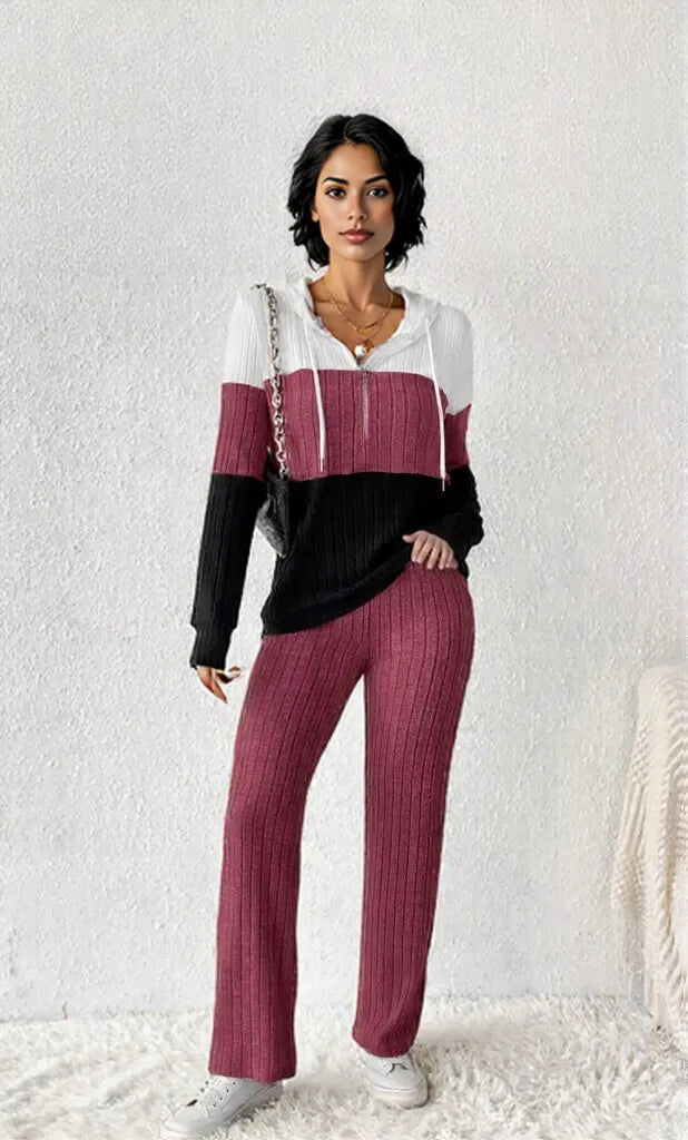 Color Block Half Zip Hooded Top and Pants Set