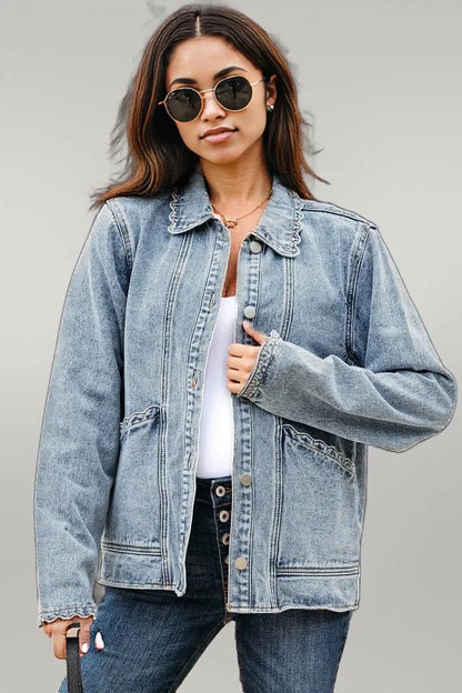 Sail Blue Scallop Trim Collar Patched Pocket Button Up Denim Jacket Myosotis 75%Cotton+25%Polyester