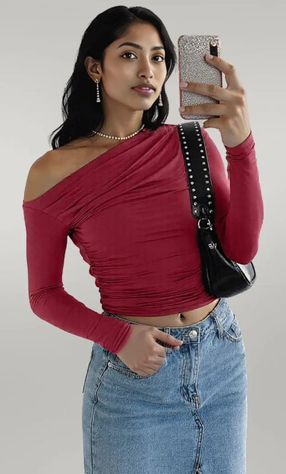 Ruffled Single Shoulder T-Shirt Burgundy
