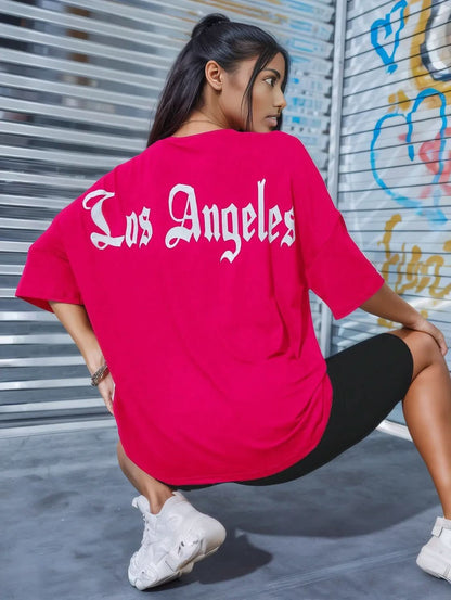 LOS ANGELES Round Neck Dropped Shoulder T-Shirt Hot Pink