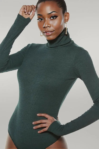 Ribbed Turtleneck Long Sleeve Bodysuit Dark Green