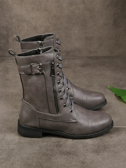 Lace-Up Buckle Detail Boots Gray