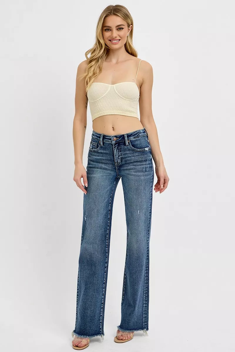 RISEN Full Size Tummy Control High Rise Long Straight Jeans DARK