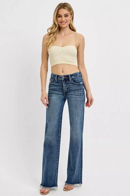 RISEN Full Size Tummy Control High Rise Long Straight Jeans DARK