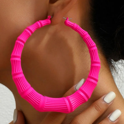 Stainless Steel Textured Hoop Earrings Hot Pink One Size