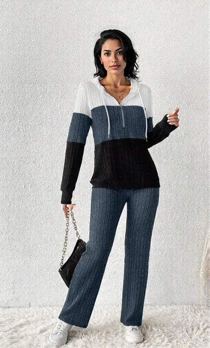 Color Block Half Zip Hooded Top and Pants Set Dark Blue