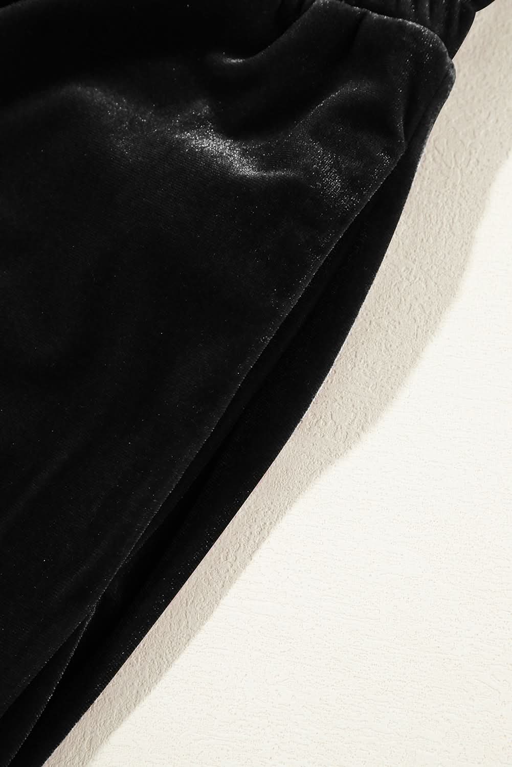 Black Solid Drawstring Waist Wide Leg Pants Black 95%Polyester+5%Elastane