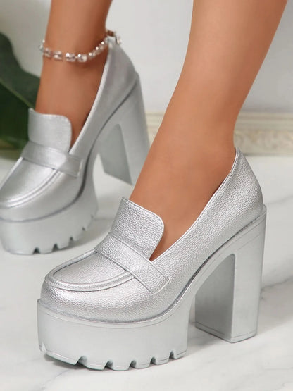 Round Toe Platform Block Heels Pumps