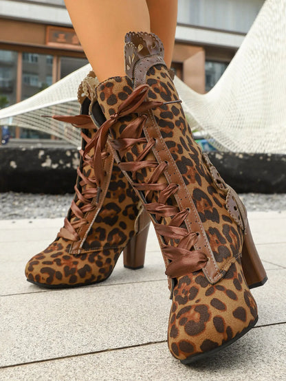 Lace Up Block Heels Boots Leopard Brown