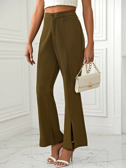 Slit Flare Pants with Pockets Olive Brown