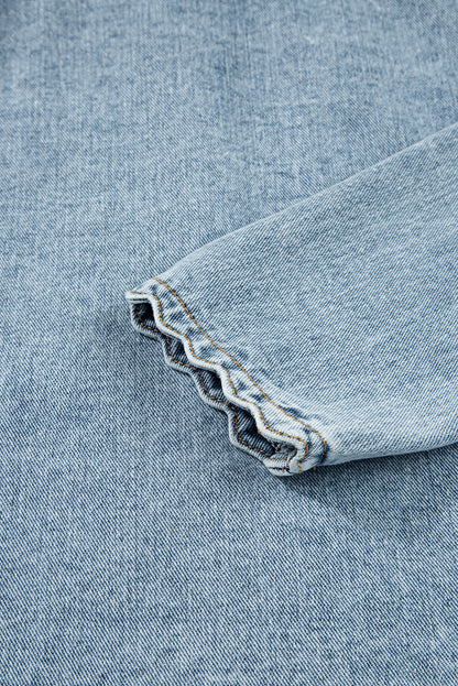 Sail Blue Scallop Trim Collar Patched Pocket Button Up Denim Jacket Myosotis 75%Cotton+25%Polyester