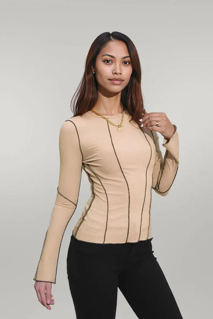 Ribbed Round Neck Long Sleeve Blouse