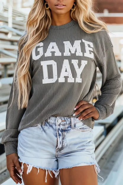 GAME DAY Striped Round Neck Long Sleeve Top