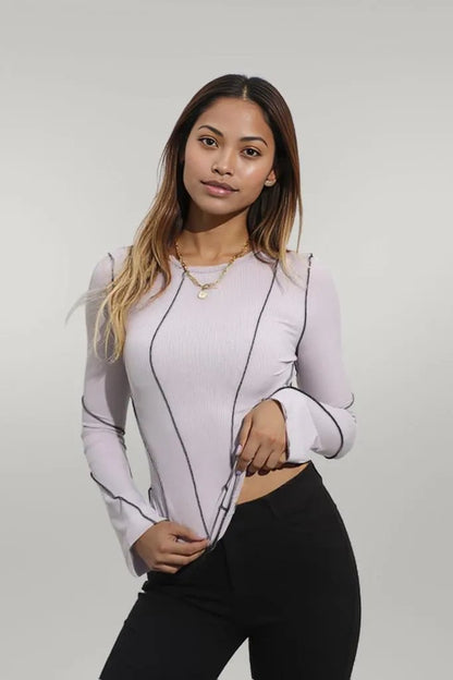 Ribbed Round Neck Long Sleeve Blouse Mid Gray