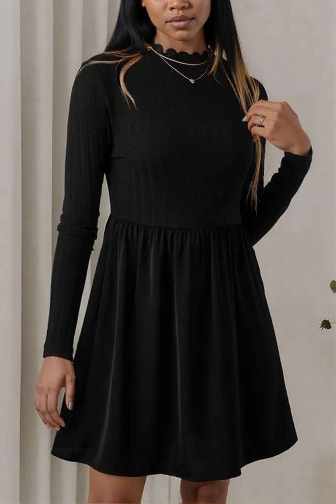 Black Frilled Neck Ribbed Knit Patchwork Long Sleeve Mini Dress Black 97%Polyester+3%Elastane