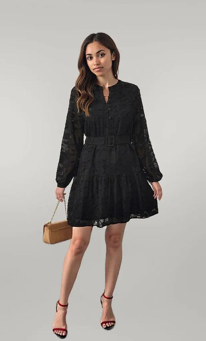Button-Front Balloon Sleeve Mini Dress Black