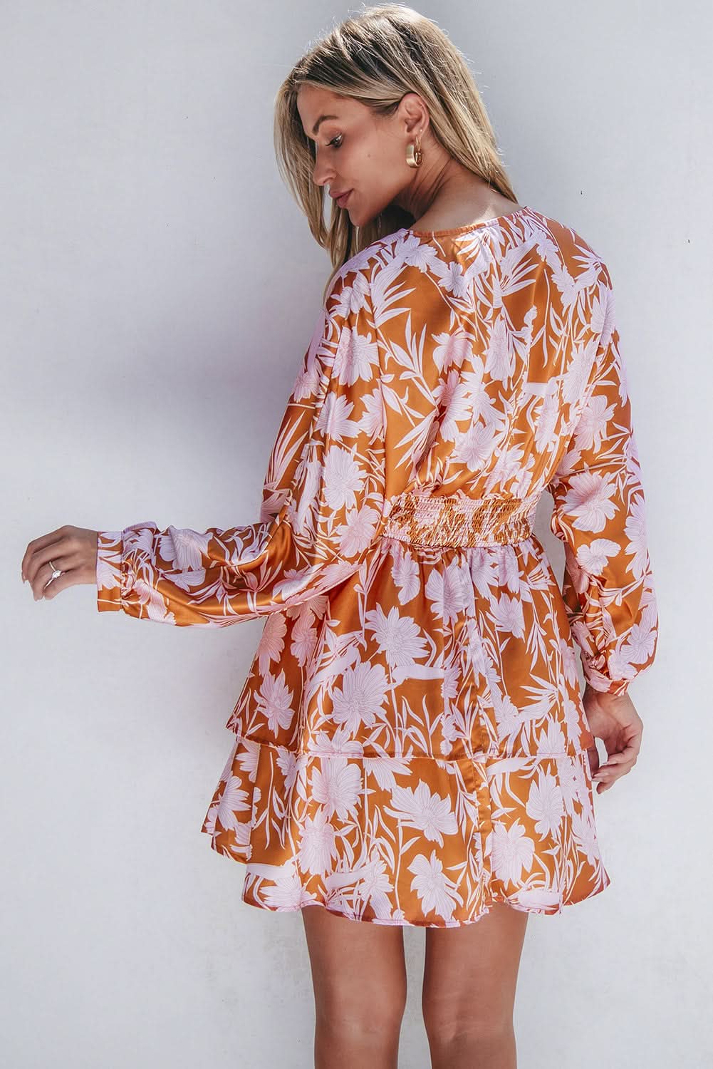 Brown Floral Puff Sleeve Smocked Waist Layered Dress Brown 100%Polyester