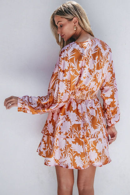 Brown Floral Puff Sleeve Smocked Waist Layered Dress Brown 100%Polyester