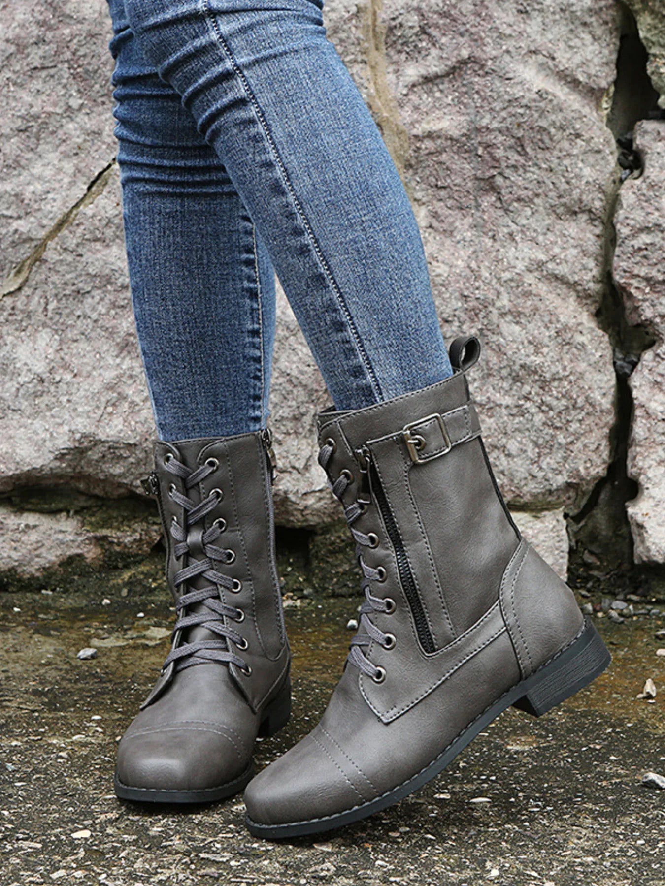 Lace-Up Boots with Side Zipper