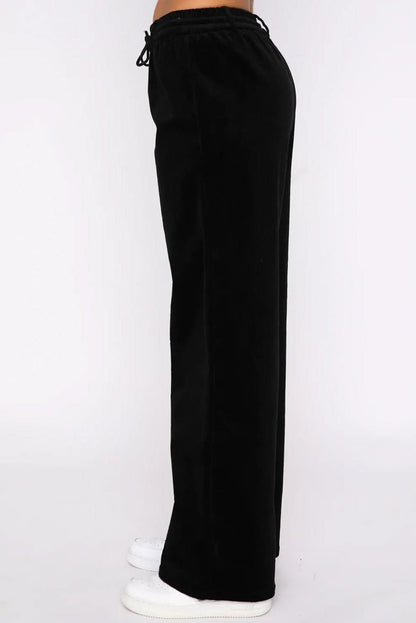 Black Solid Drawstring Waist Wide Leg Pants Black 95%Polyester+5%Elastane