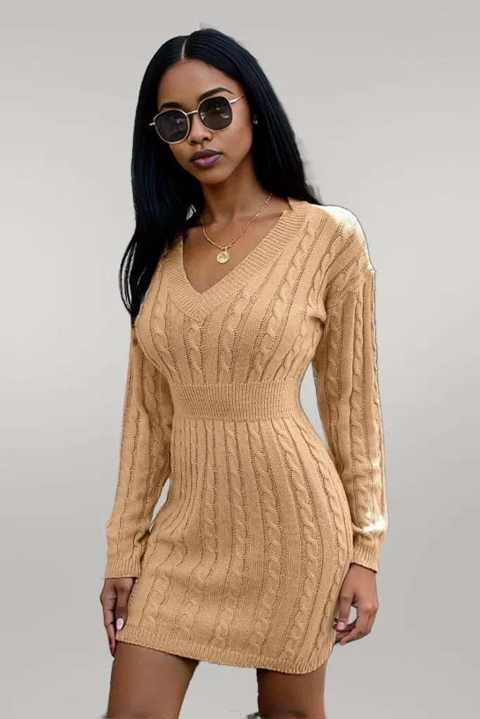Cable-Knit V-Neck Long Sleeve Mini Sweater Dress Camel