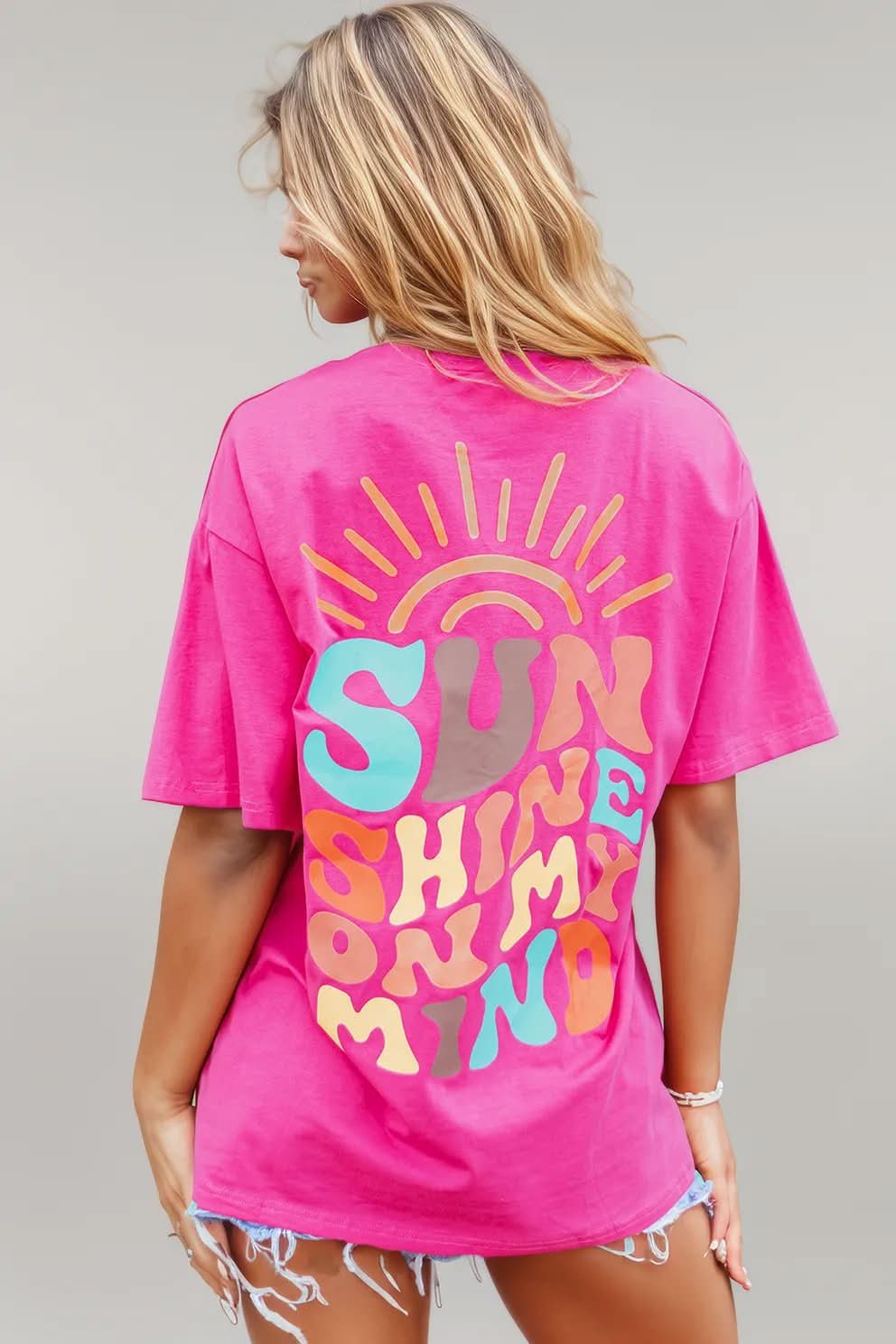 Mint Green SUNSHINE ON MY MIND Graphic Tee Bright Pink 95%Cotton+5%Polyester